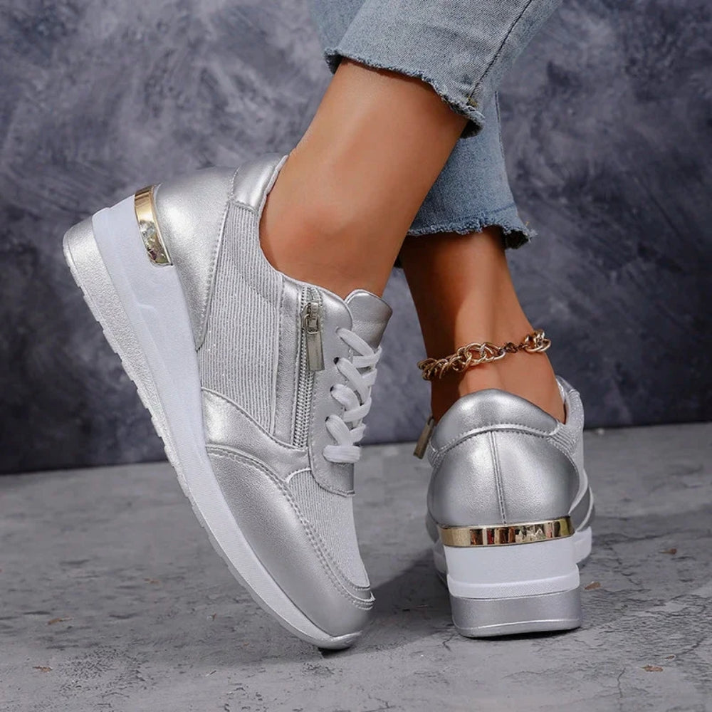 Schuhe in Metallic-Optik für Frauen – Leichtgewichtig mit Schnürung und Reißverschluss