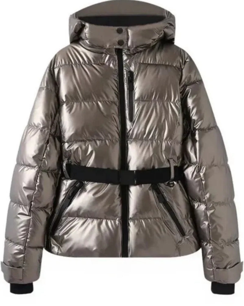 Skijacke Damen – Taillierte Winterjacke mit Gürtel und Kapuze