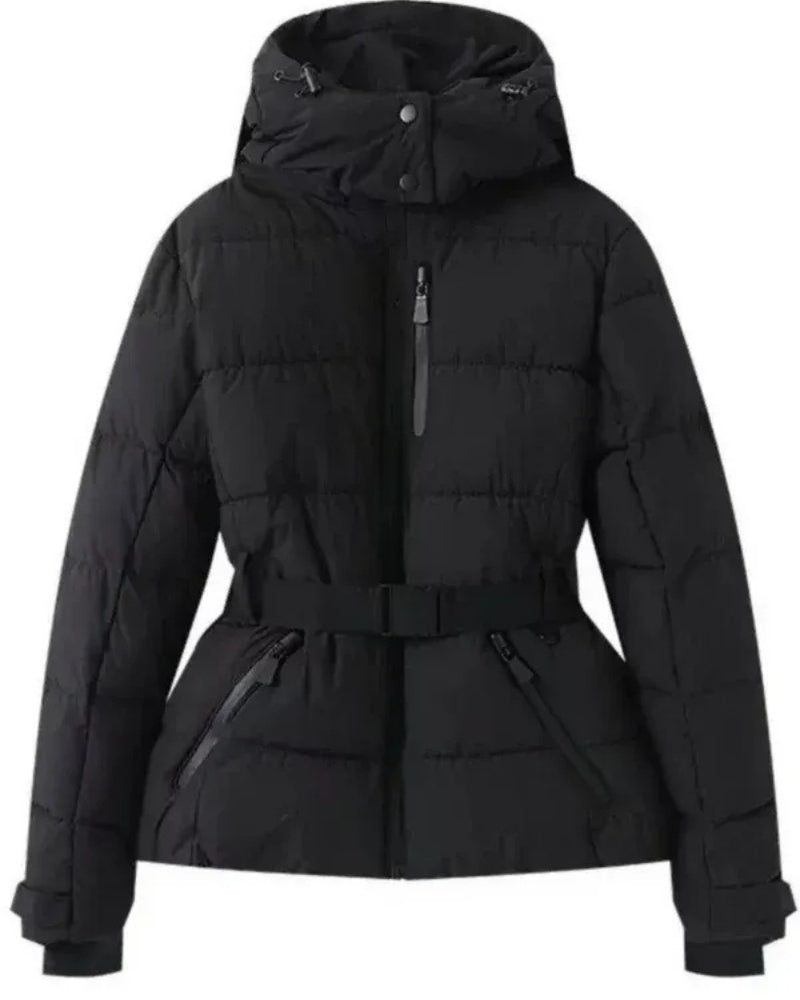Skijacke Damen – Taillierte Winterjacke mit Gürtel und Kapuze