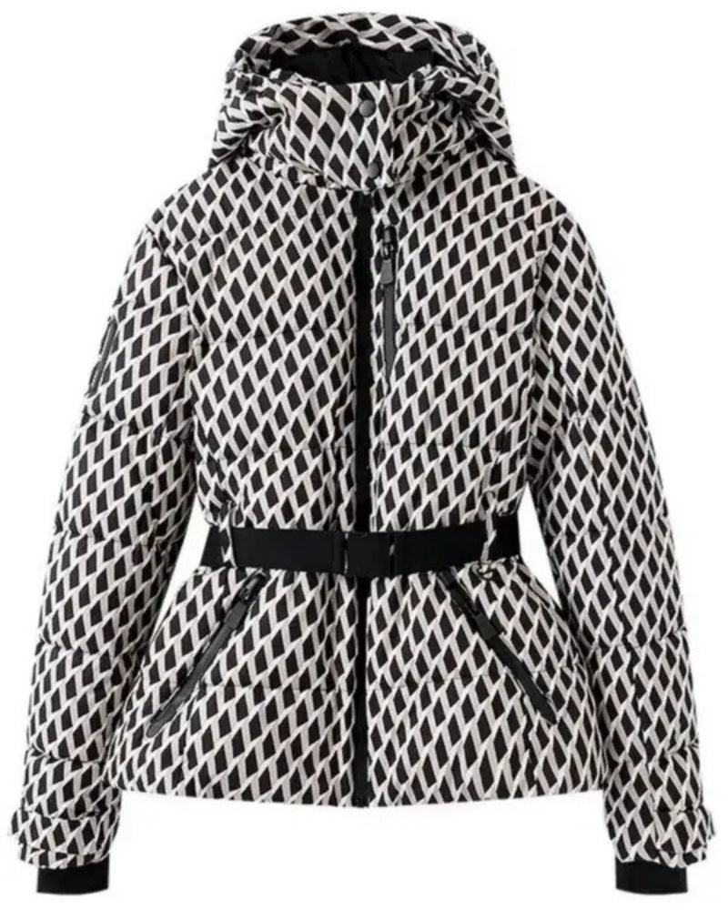 Skijacke Damen – Taillierte Winterjacke mit Gürtel und Kapuze