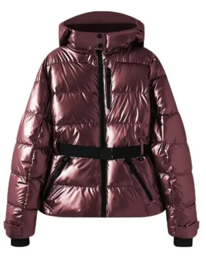 Skijacke Damen – Taillierte Winterjacke mit Gürtel und Kapuze