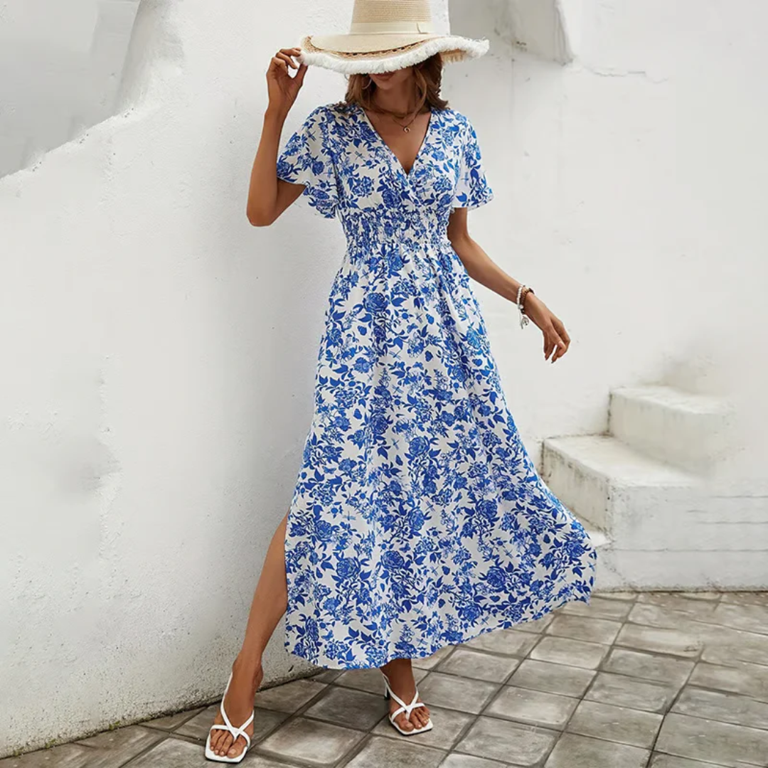 Sofia | Damen Sommerkleid Maxi Blau Boho Floral Elegant