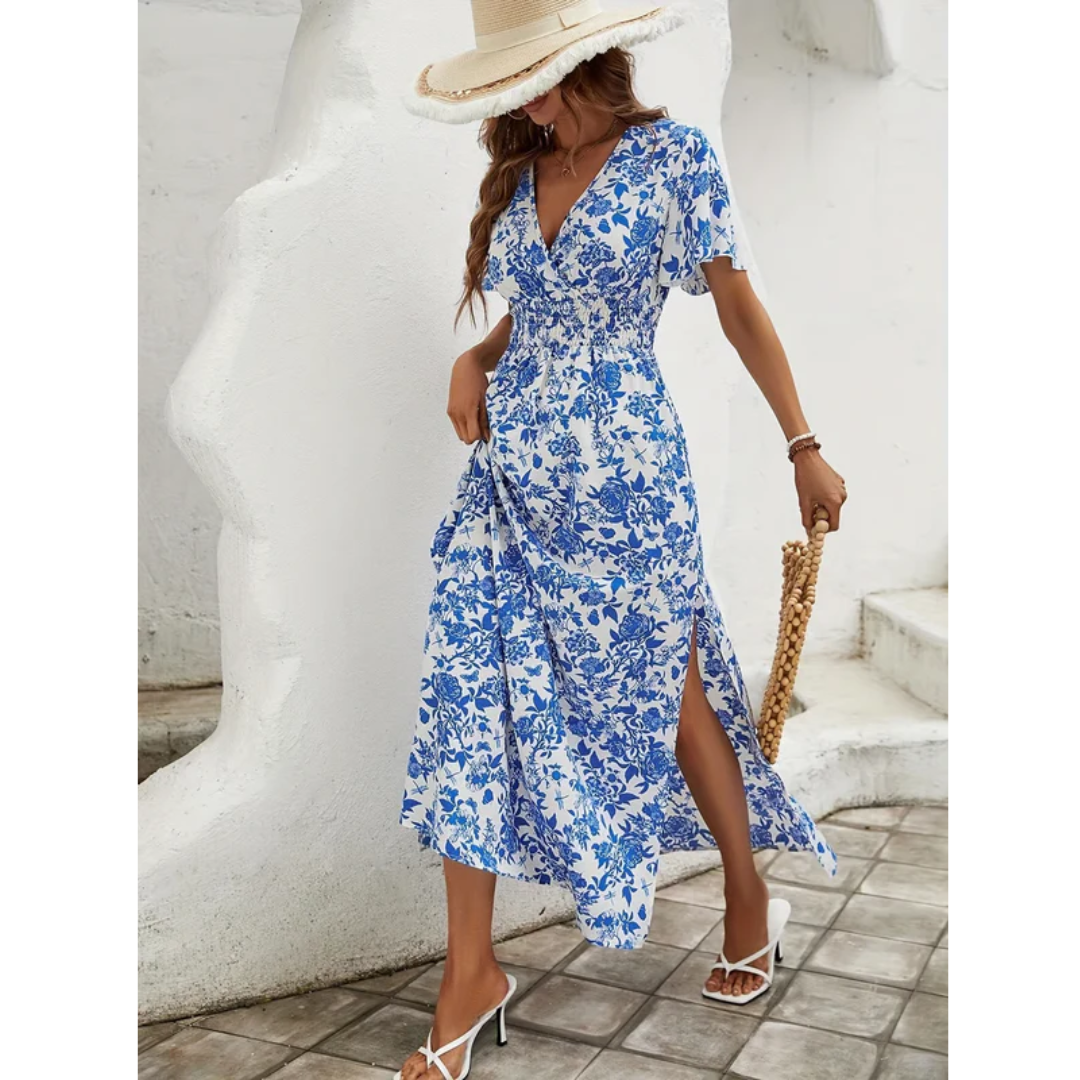 Sofia | Damen Sommerkleid Maxi Blau Boho Floral Elegant