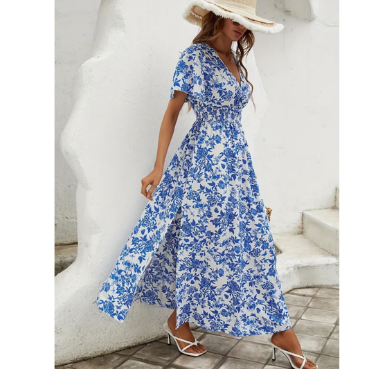 Sofia | Damen Sommerkleid Maxi Blau Boho Floral Elegant