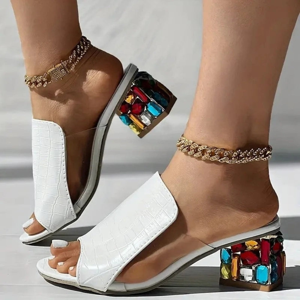 Sommer Sandalen Damen mit Strass-Absatz | Weiße Pantolette