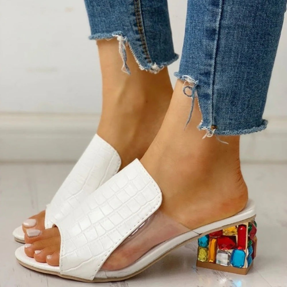 Sommer Sandalen Damen mit Strass-Absatz | Weiße Pantolette