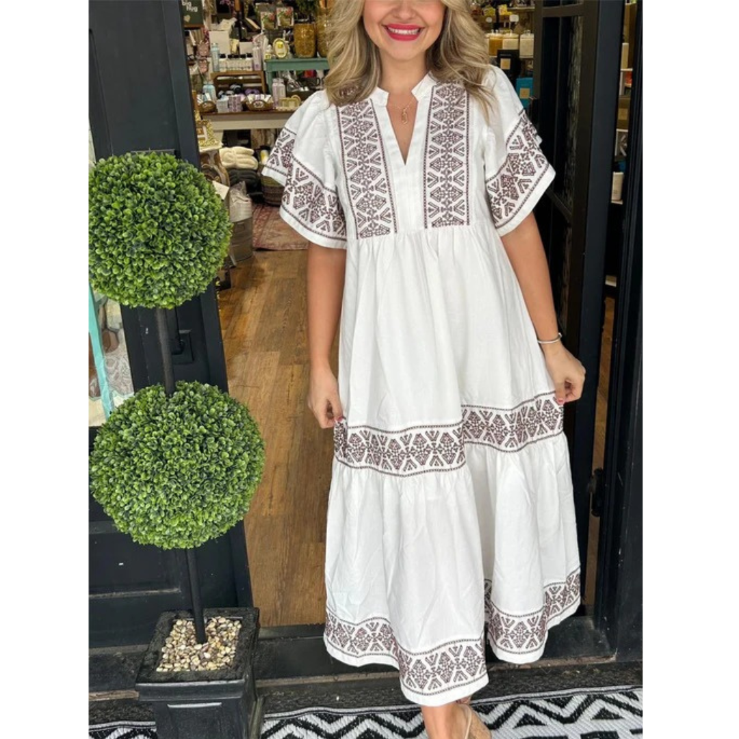 Sophia | Damen Feminines Midikleid Boho mit V-Ausschnitt Elegant