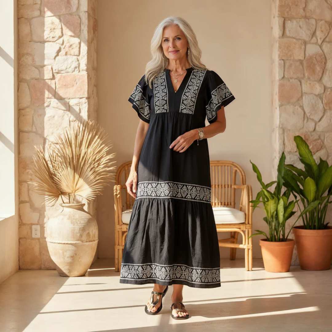 Sophia | Damen Feminines Midikleid Boho mit V-Ausschnitt Elegant