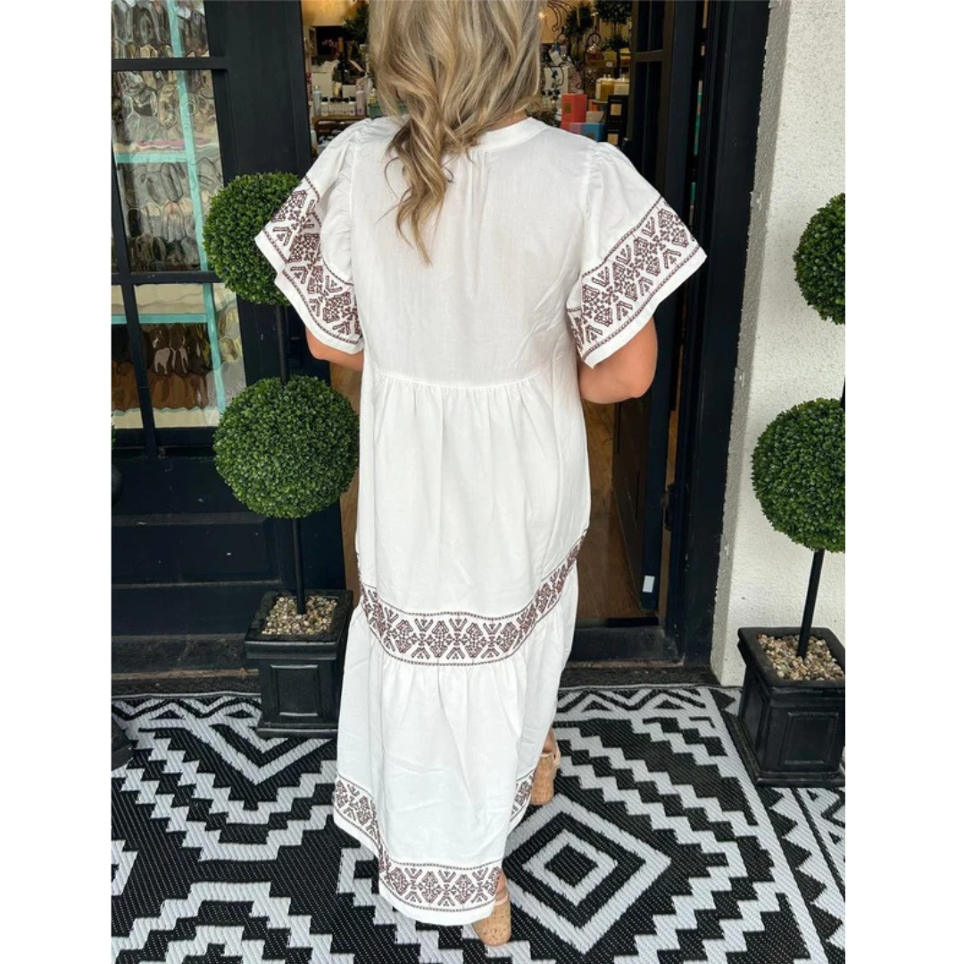 Sophia | Damen Feminines Midikleid Boho mit V-Ausschnitt Elegant