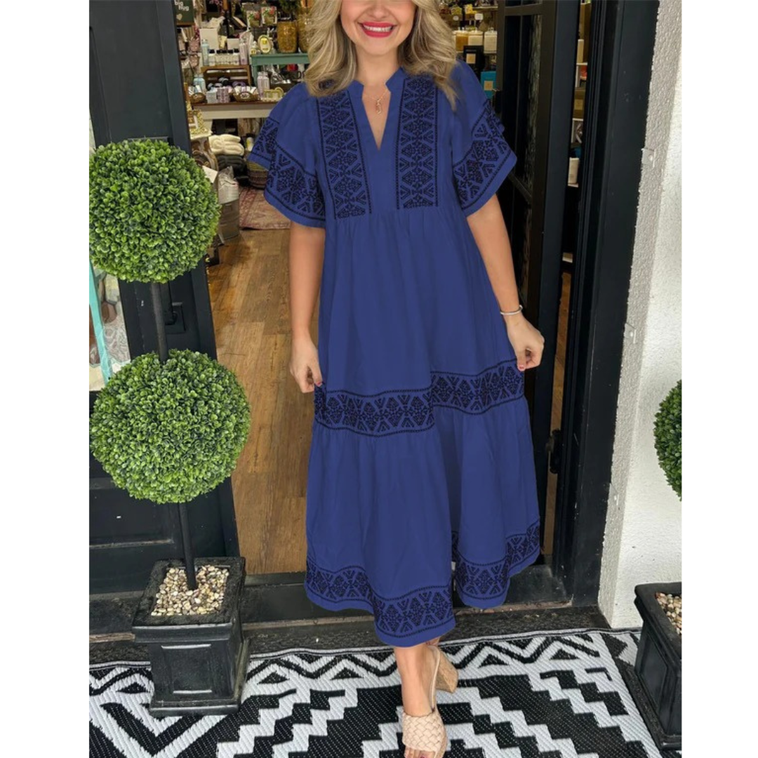 Sophia | Damen Feminines Midikleid Boho mit V-Ausschnitt Elegant