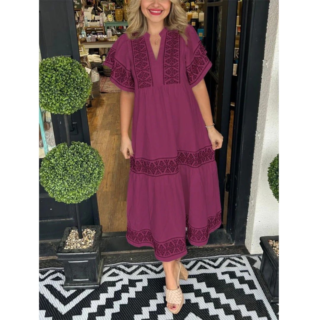 Sophia | Damen Feminines Midikleid Boho mit V-Ausschnitt Elegant