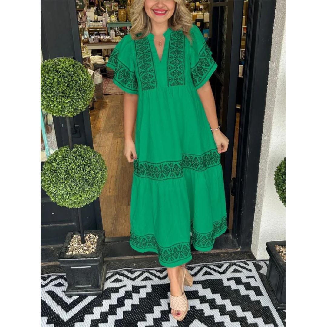 Sophia | Damen Feminines Midikleid Boho mit V-Ausschnitt Elegant