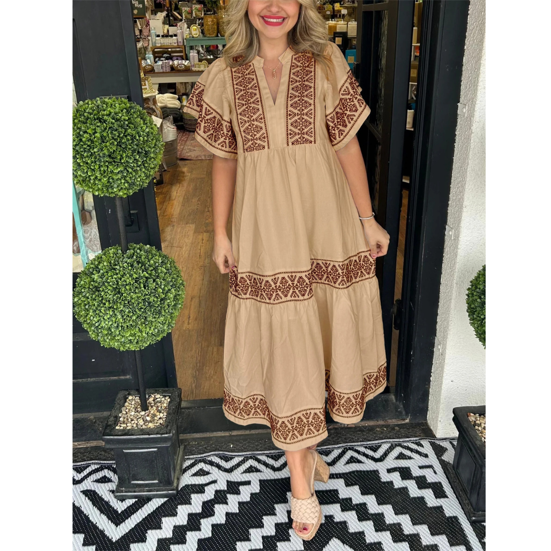 Sophia | Damen Feminines Midikleid Boho mit V-Ausschnitt Elegant