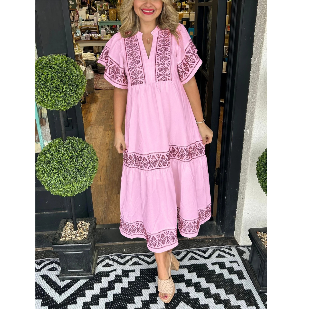 Sophia | Damen Feminines Midikleid Boho mit V-Ausschnitt Elegant