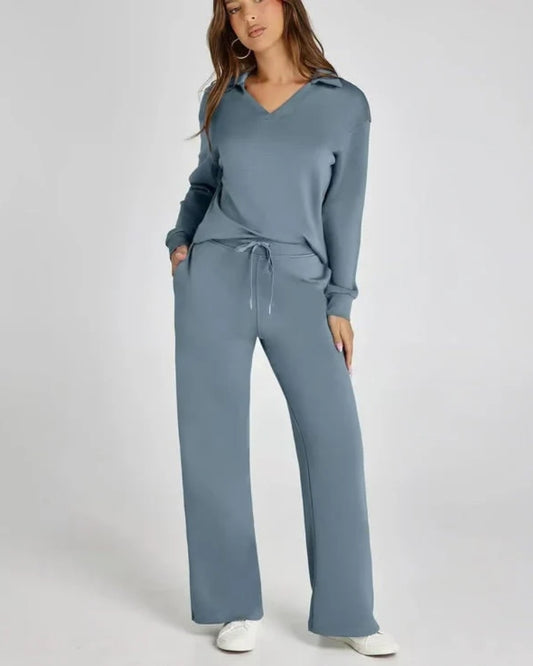 Sport Jogginganzug - Damen V-Ausschnitt Langarm Sweatshirt und Hose