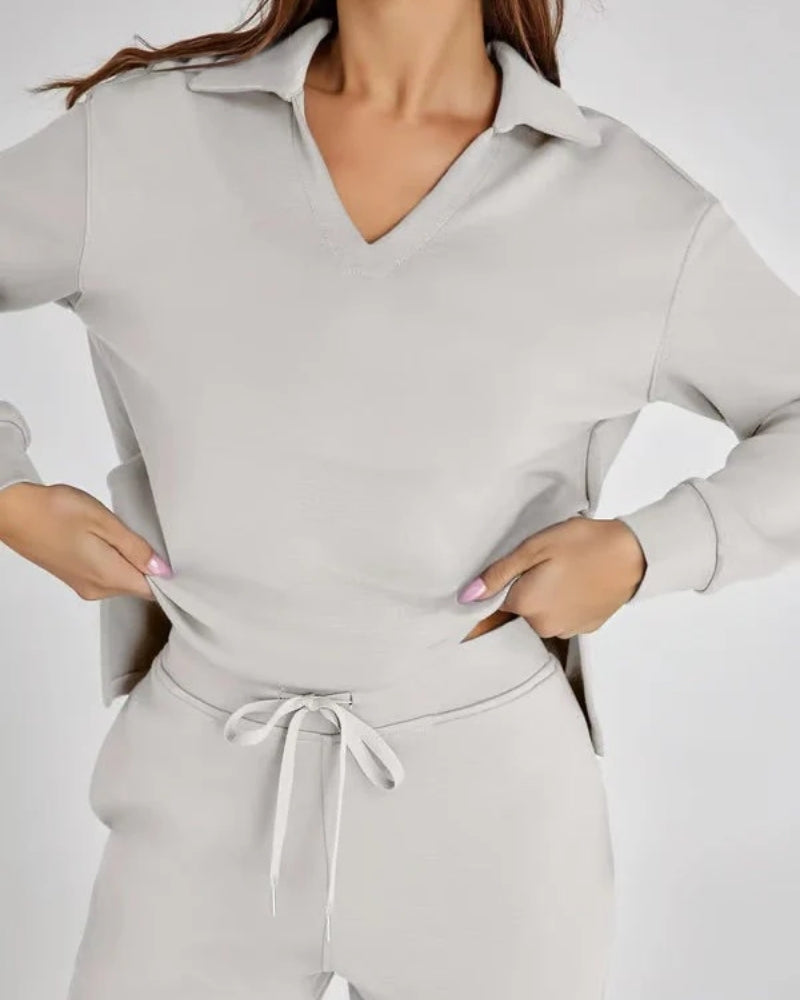 Sport Jogginganzug - Damen V-Ausschnitt Langarm Sweatshirt und Hose