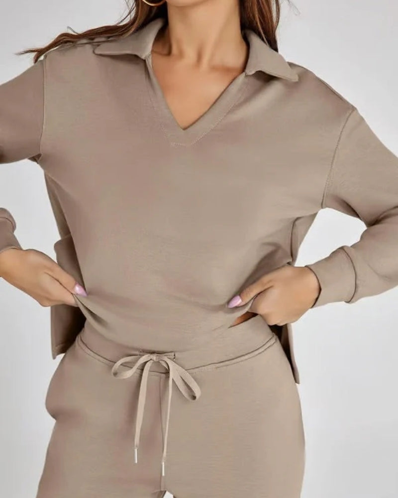Sport Jogginganzug - Damen V-Ausschnitt Langarm Sweatshirt und Hose