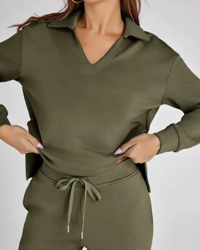 Sport Jogginganzug - Damen V-Ausschnitt Langarm Sweatshirt und Hose