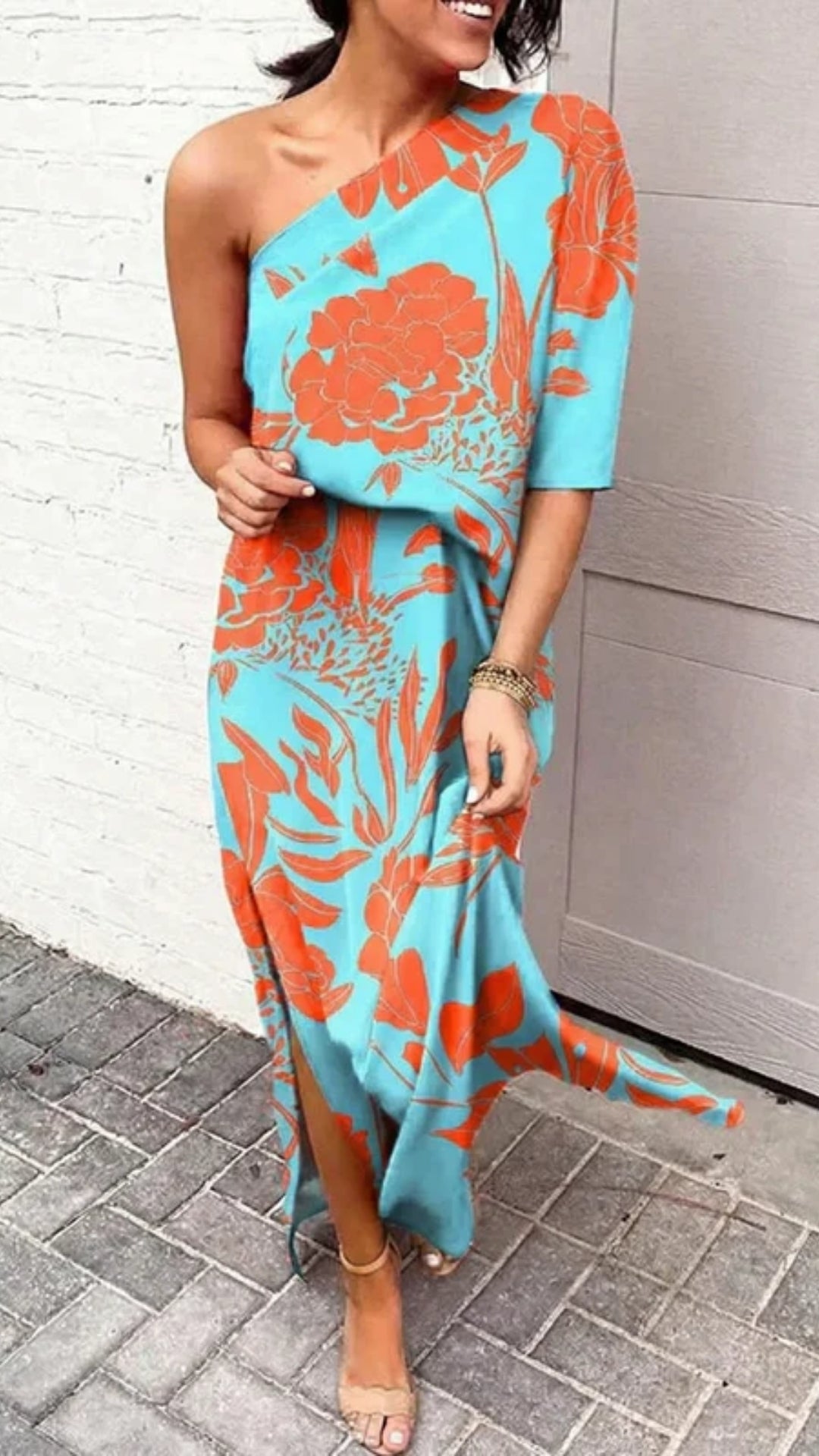 Stilvoll Damen Midi Sommerkleid mit Ein-Schulter-Design | Florales Muster
