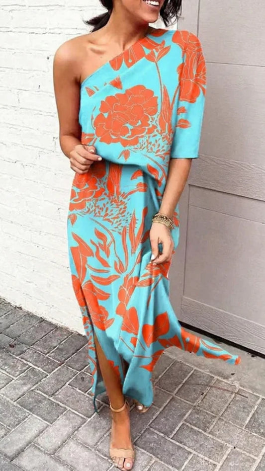 Stilvoll Damen Midi Sommerkleid mit Ein-Schulter-Design | Florales Muster