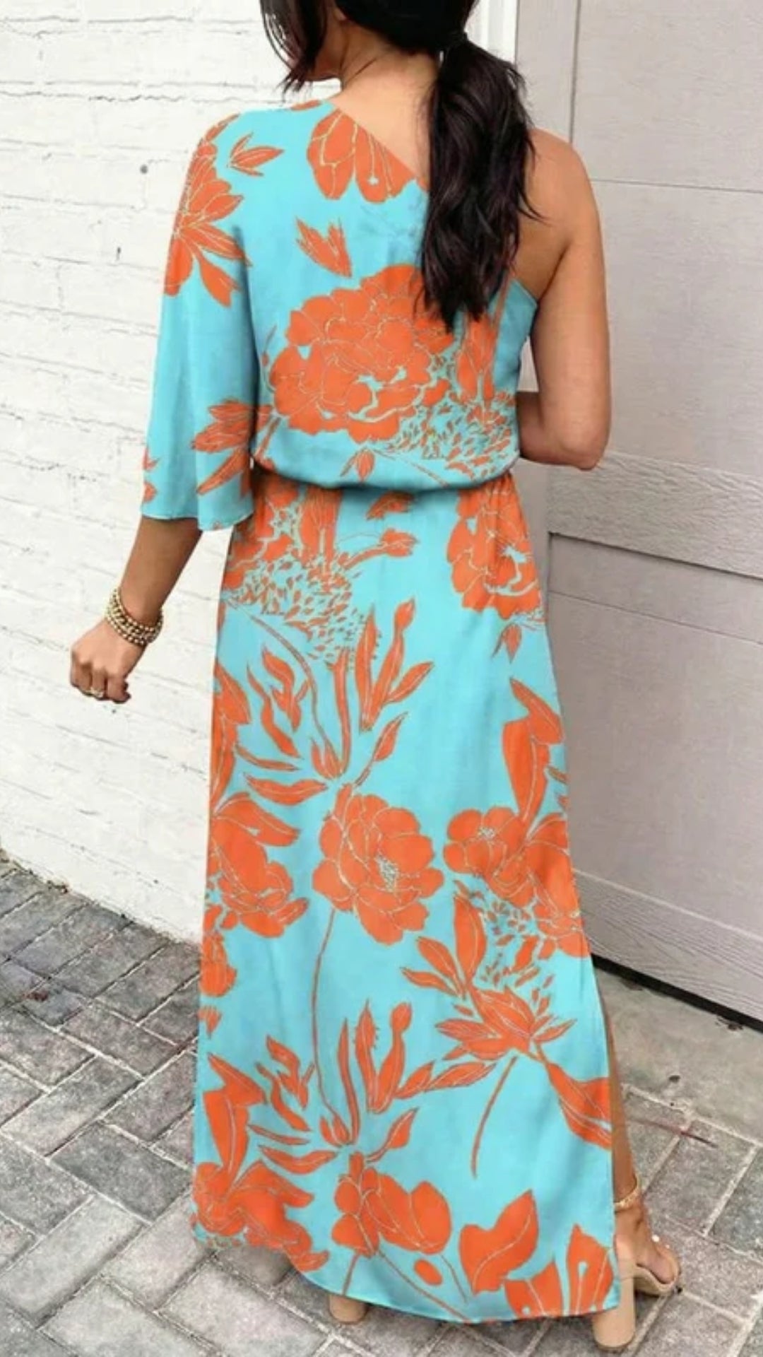 Stilvoll Damen Midi Sommerkleid mit Ein-Schulter-Design | Florales Muster