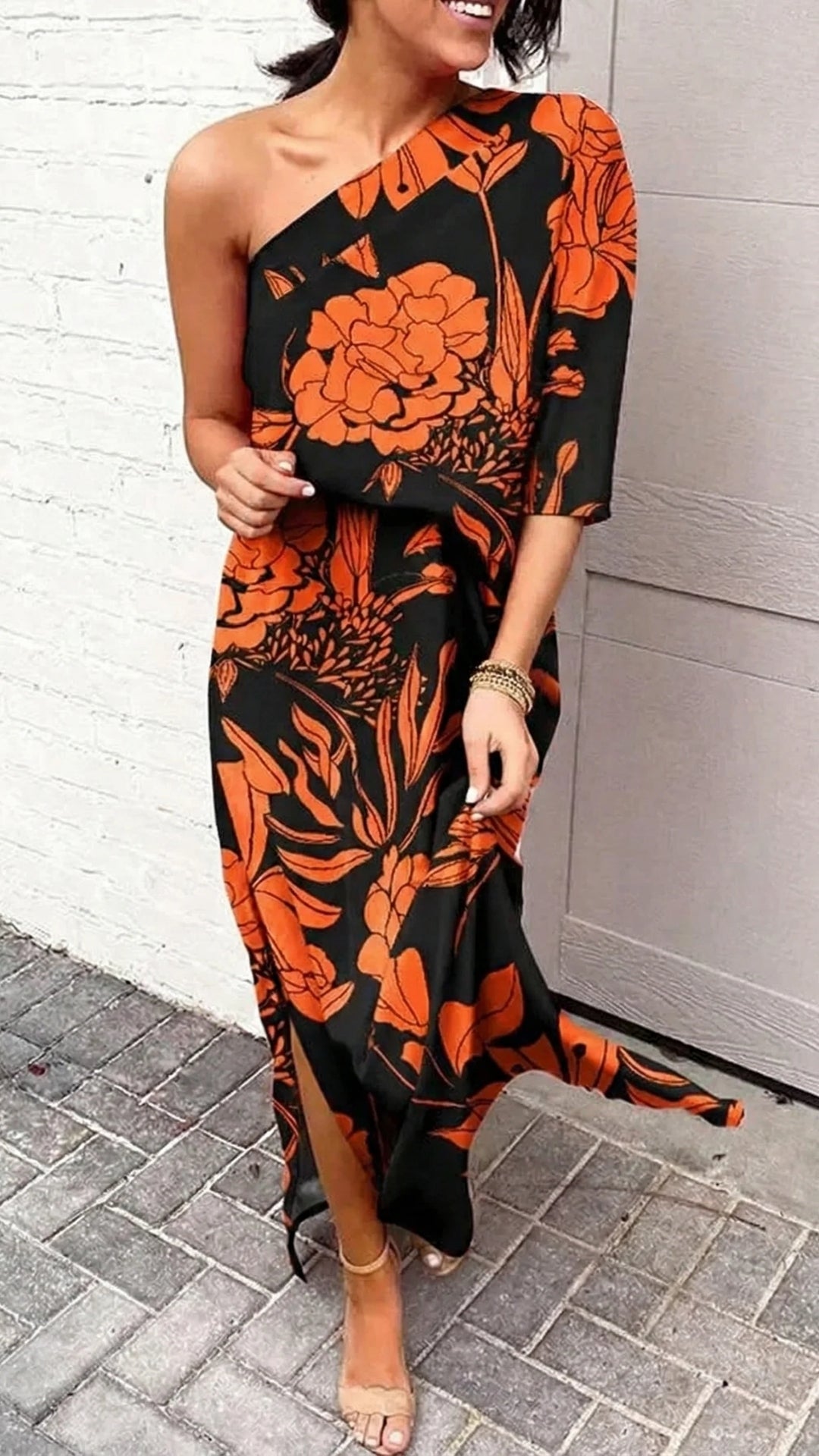 Stilvoll Damen Midi Sommerkleid mit Ein-Schulter-Design | Florales Muster