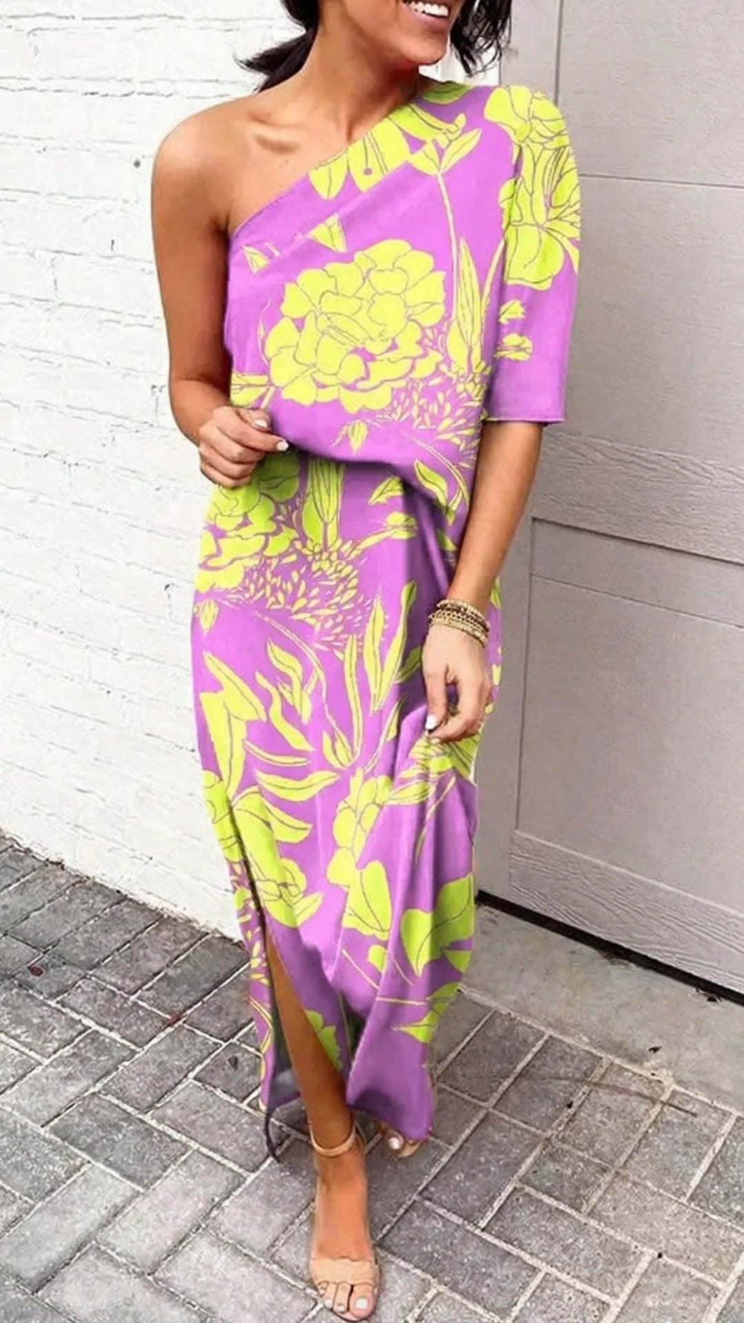 Stilvoll Damen Midi Sommerkleid mit Ein-Schulter-Design | Florales Muster