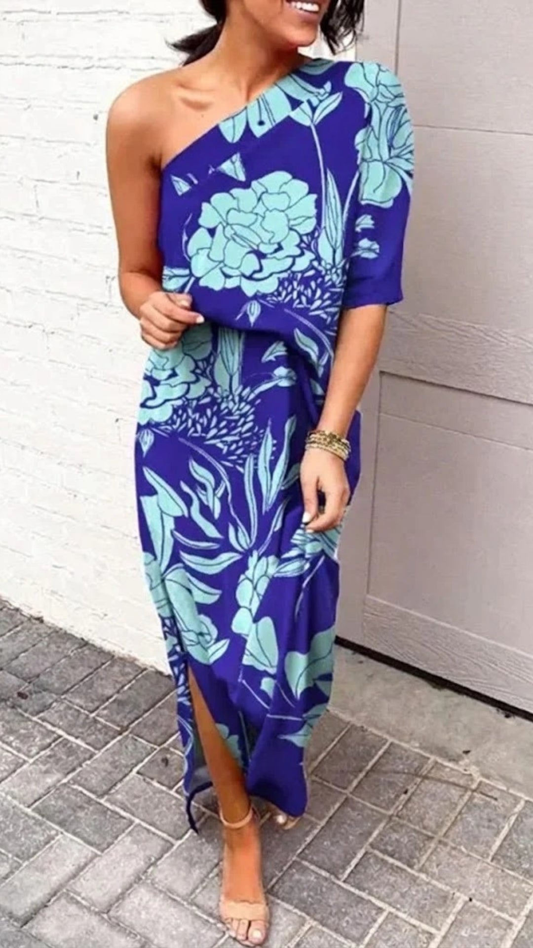 Stilvoll Damen Midi Sommerkleid mit Ein-Schulter-Design | Florales Muster