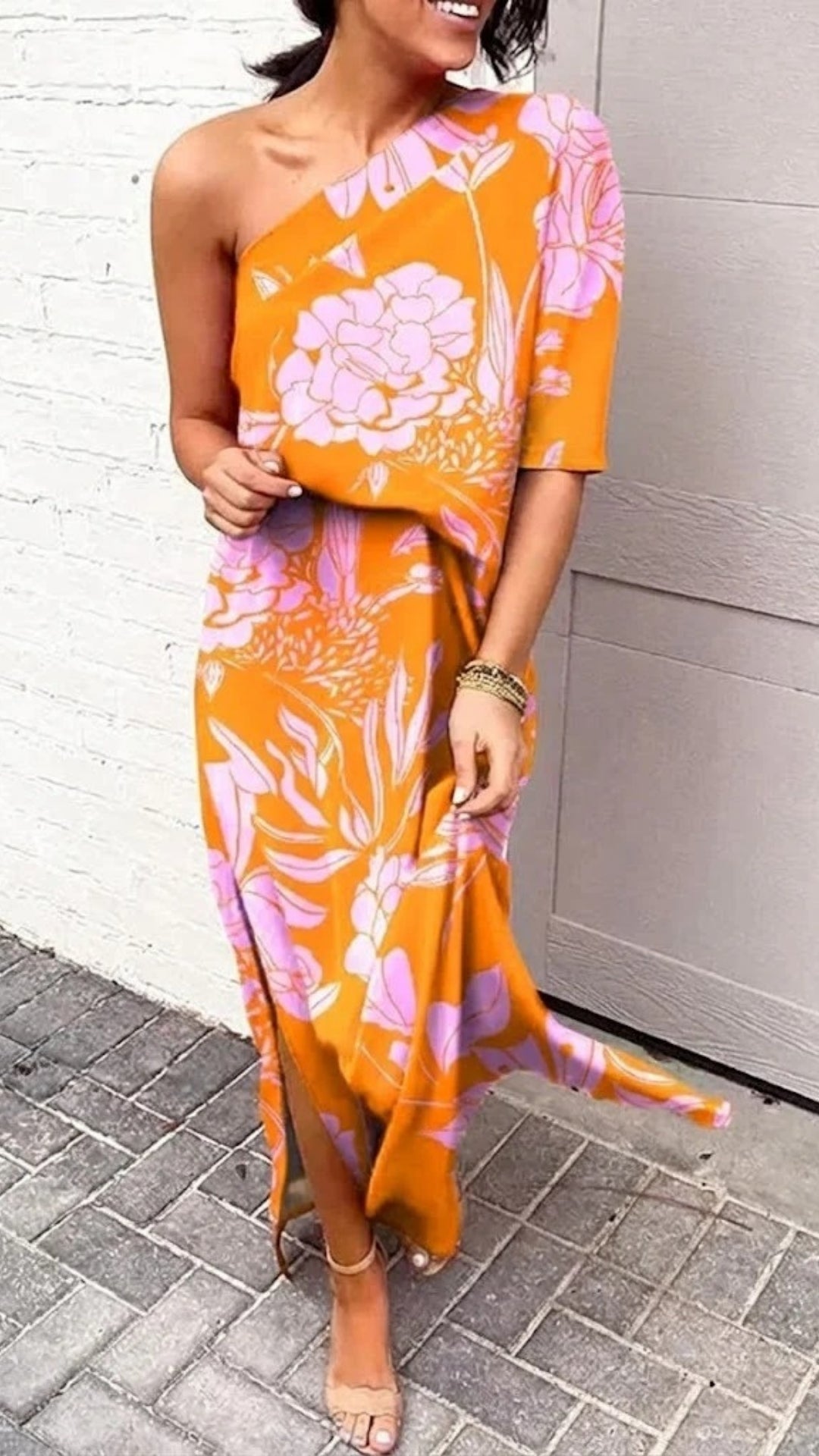 Stilvoll Damen Midi Sommerkleid mit Ein-Schulter-Design | Florales Muster