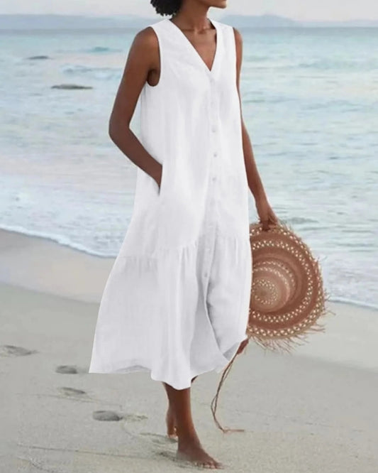 Strand Midi Sommerkleid Damen | Knopfleiste