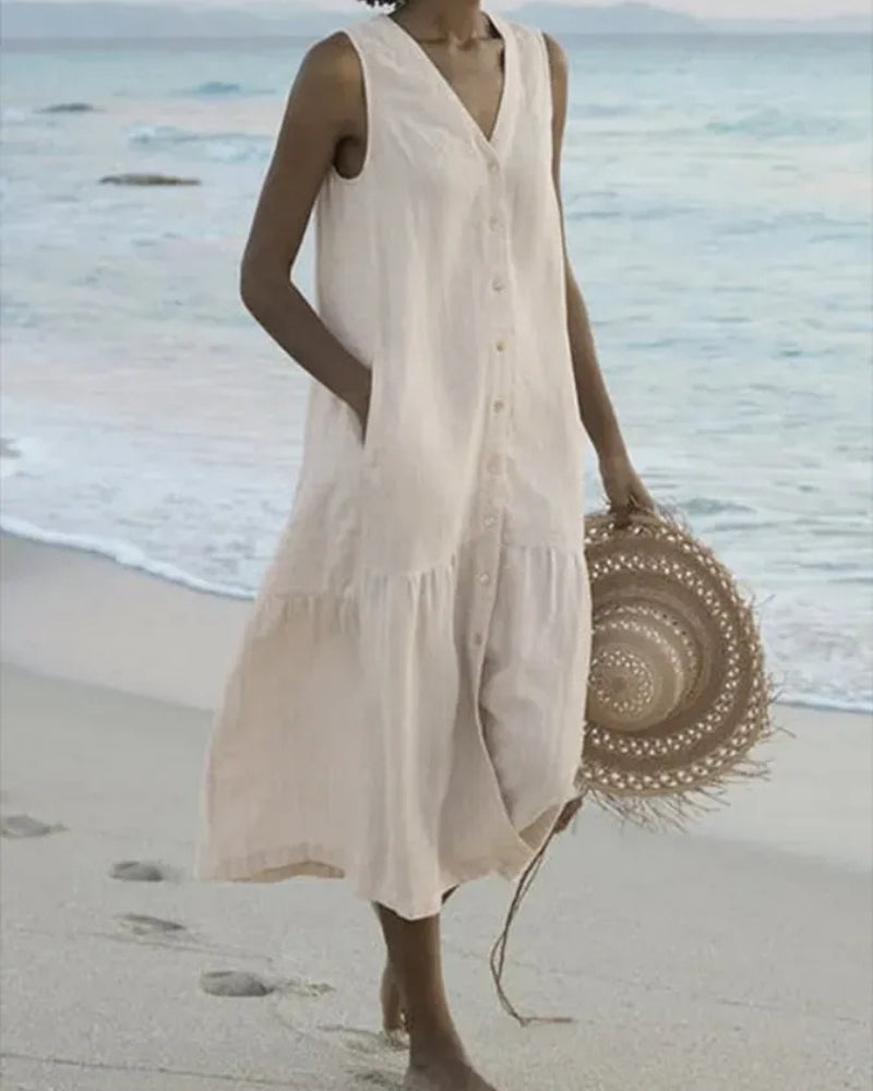 Strand Midi Sommerkleid Damen | Knopfleiste