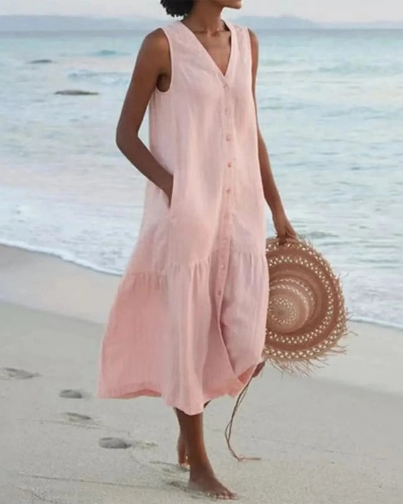 Strand Midi Sommerkleid Damen | Knopfleiste