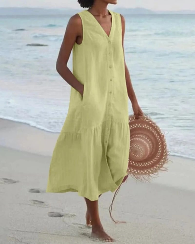 Strand Midi Sommerkleid Damen | Knopfleiste