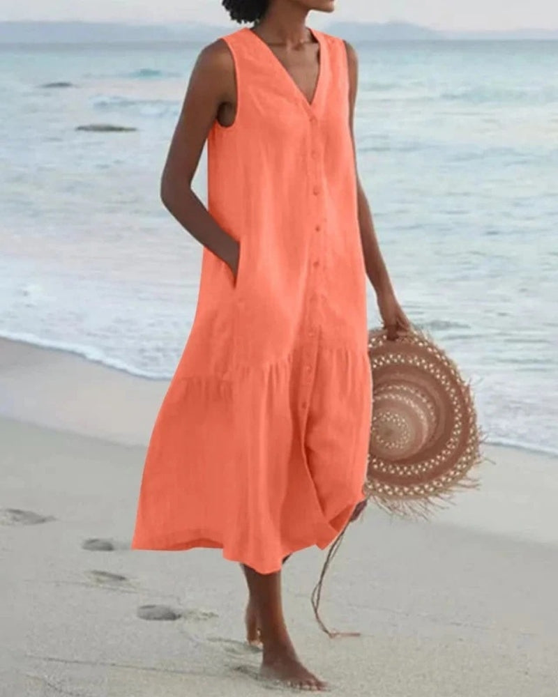Strand Midi Sommerkleid Damen | Knopfleiste