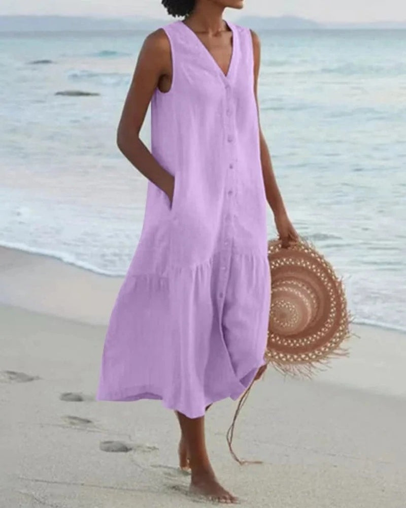 Strand Midi Sommerkleid Damen | Knopfleiste