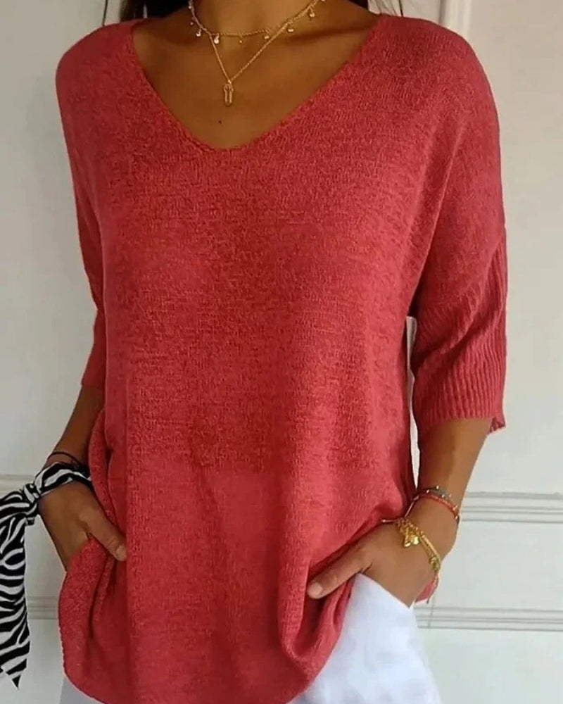 Strickbluse mit V-Ausschnitt und 3/4-Ärmeln – Alltagstaugliche Bluse Damen
