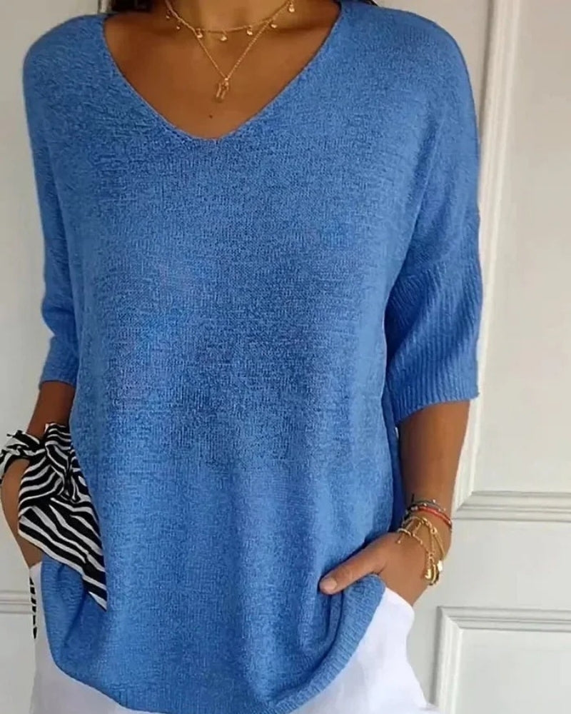 Strickbluse mit V-Ausschnitt und 3/4-Ärmeln – Alltagstaugliche Bluse Damen