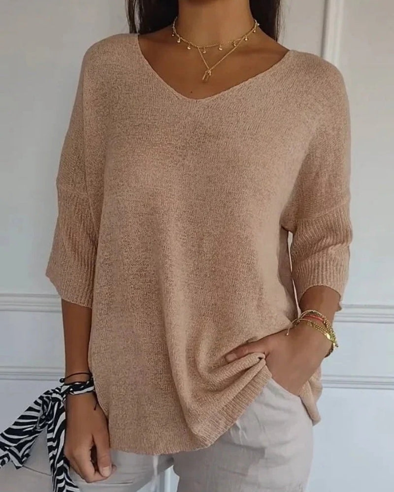 Strickbluse mit V-Ausschnitt und 3/4-Ärmeln – Alltagstaugliche Bluse Damen