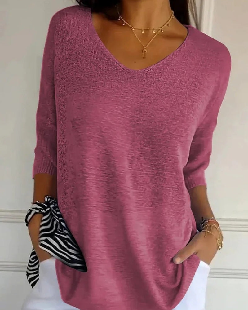 Strickbluse mit V-Ausschnitt und 3/4-Ärmeln – Alltagstaugliche Bluse Damen