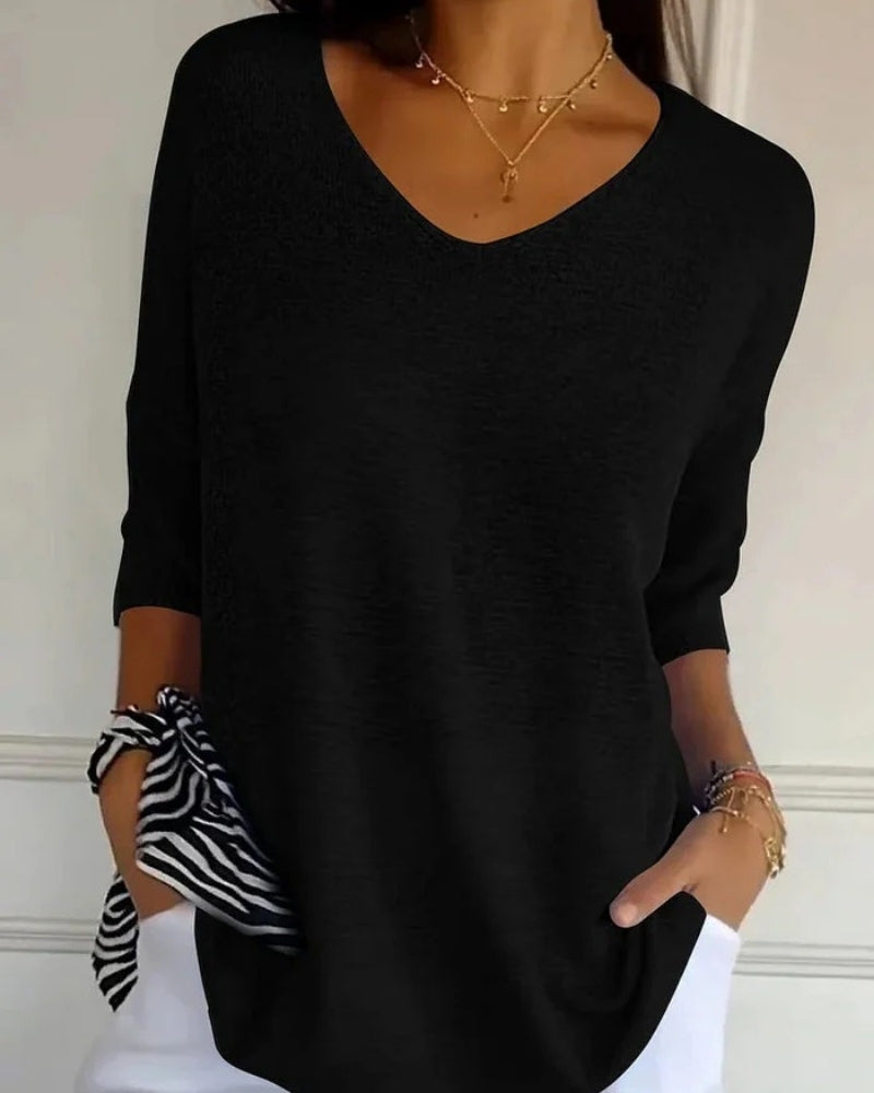 Strickbluse mit V-Ausschnitt und 3/4-Ärmeln – Alltagstaugliche Bluse Damen