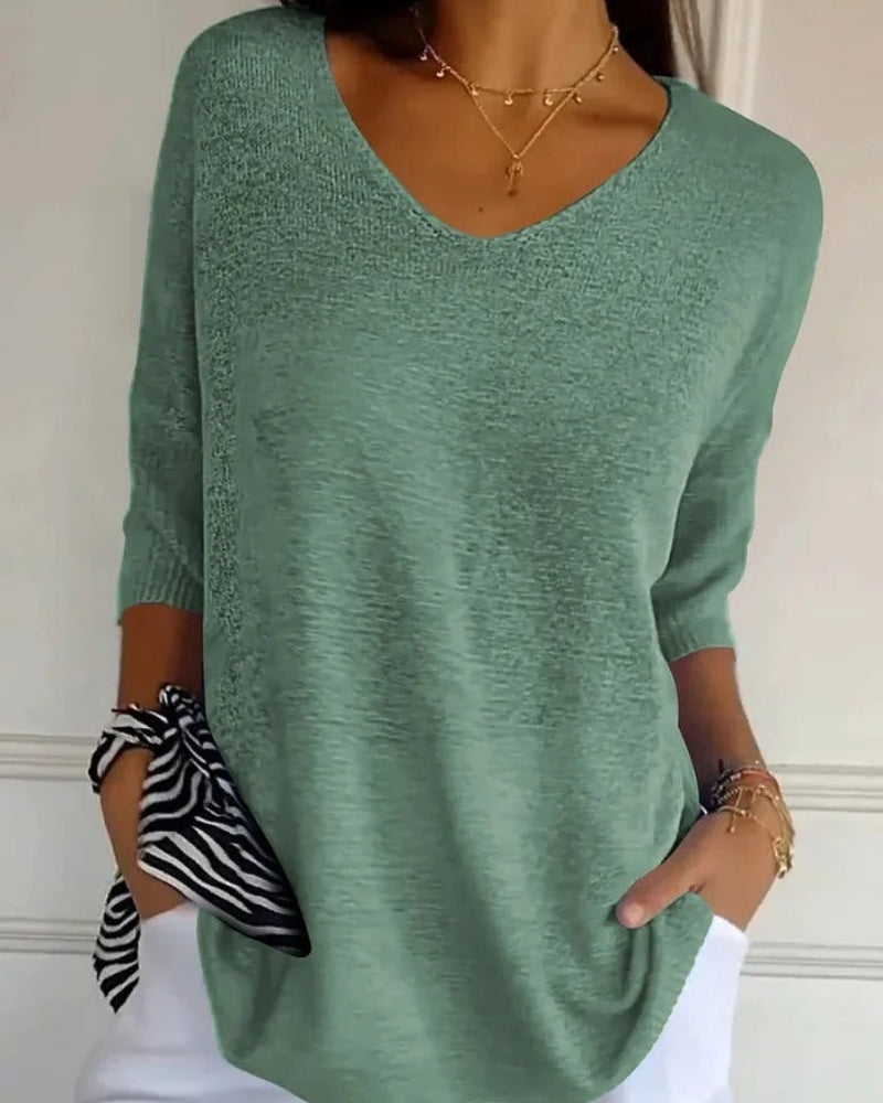 Strickbluse mit V-Ausschnitt und 3/4-Ärmeln – Alltagstaugliche Bluse Damen