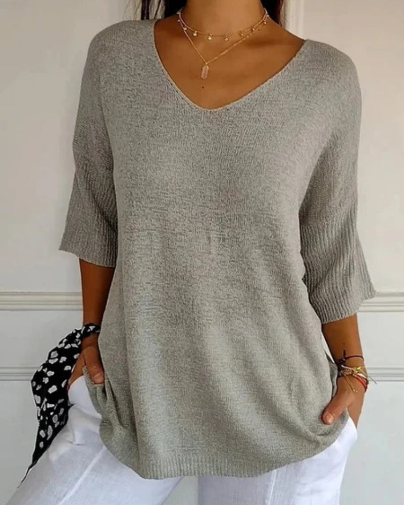 Strickbluse mit V-Ausschnitt und 3/4-Ärmeln – Alltagstaugliche Bluse Damen