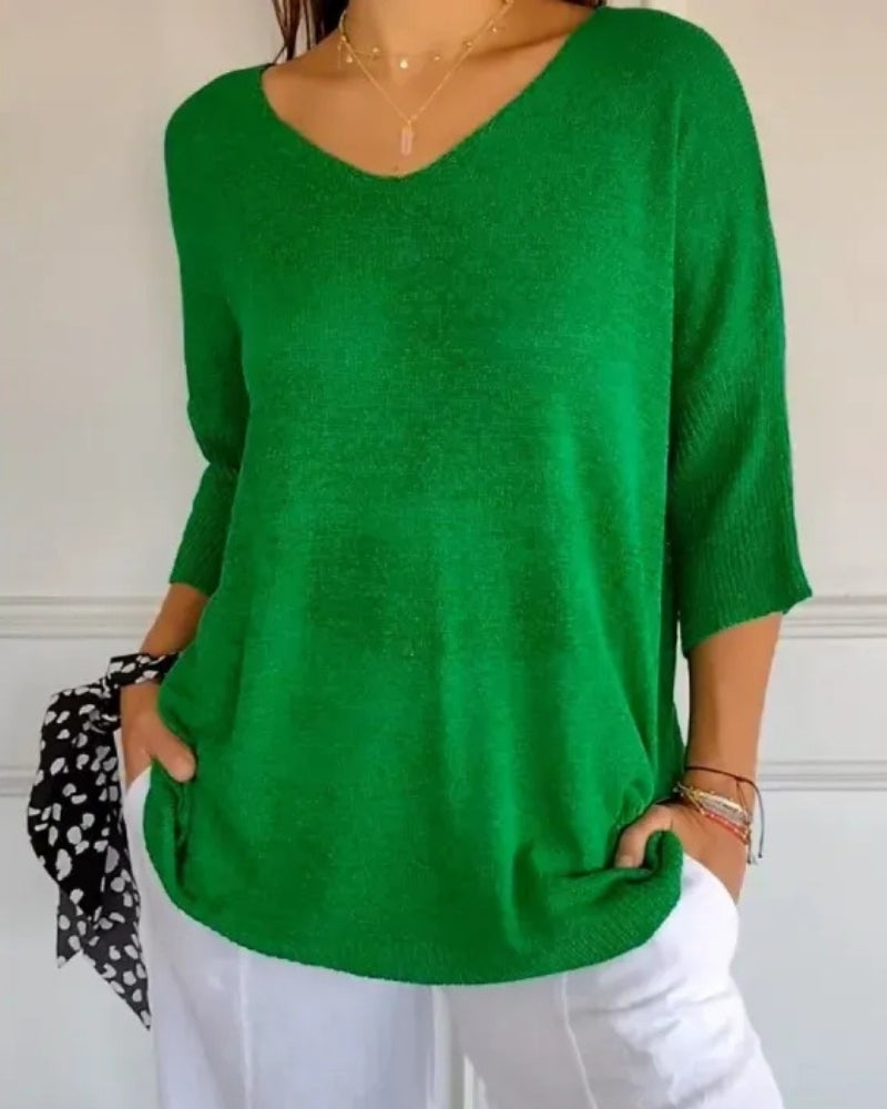 Strickbluse mit V-Ausschnitt und 3/4-Ärmeln – Alltagstaugliche Bluse Damen