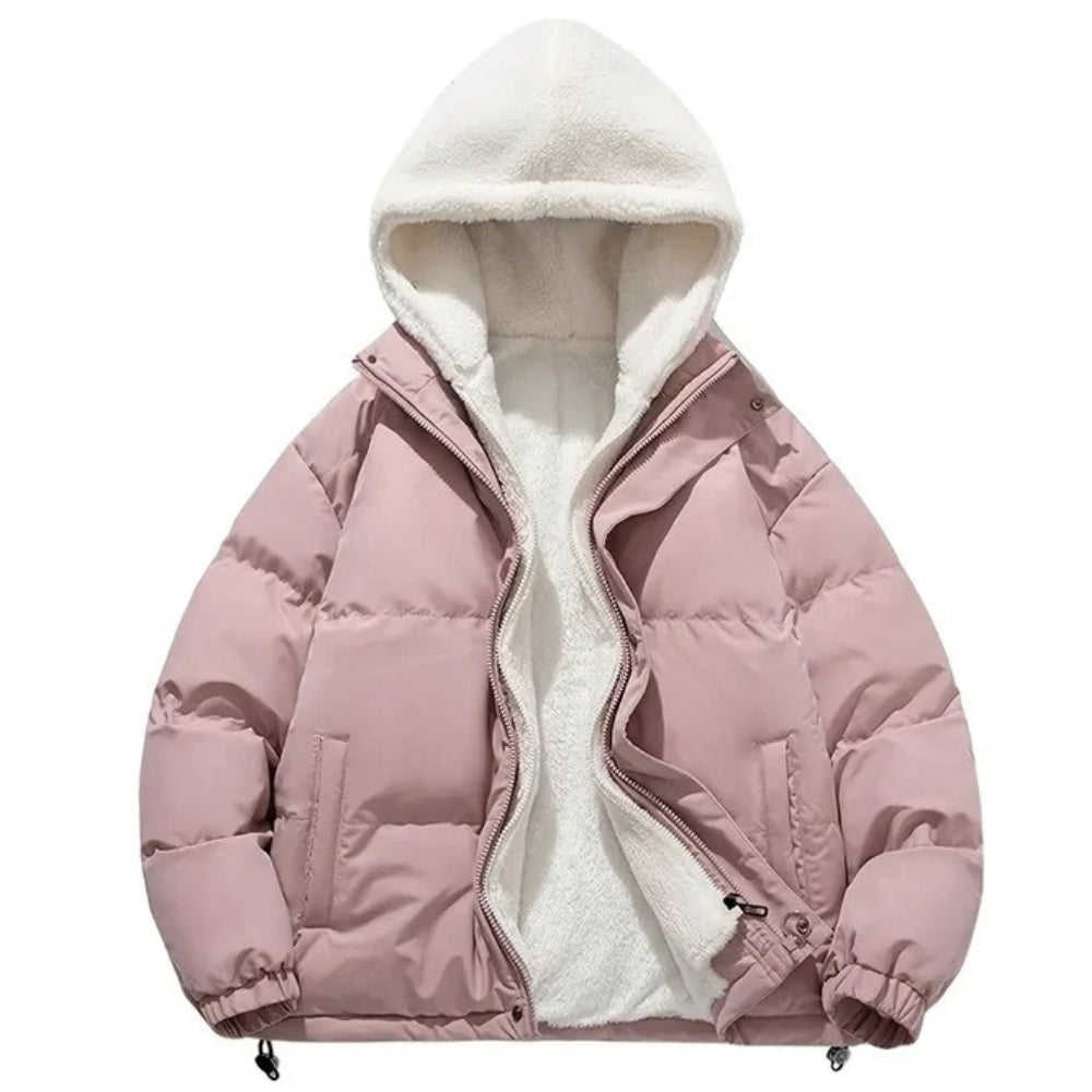 Wärmende, glänzende Puffer-Winterjacke für Damen – mit Isolierung und Kapuze