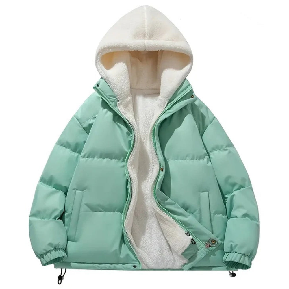 Wärmende, glänzende Puffer-Winterjacke für Damen – mit Isolierung und Kapuze