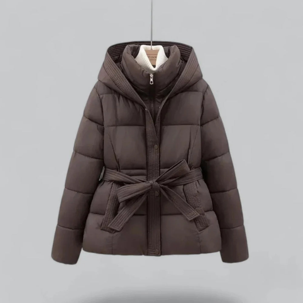 Wärmende Winterjacke mit Gürtel – Moderne Pufferkapuze für Frauen