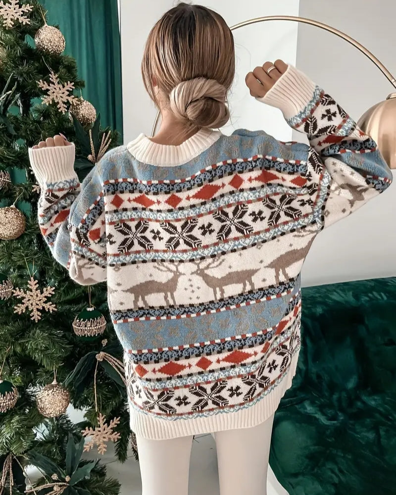 Weihnachtspullover Damen – Mit Rentier- und Schneeflockenmuster