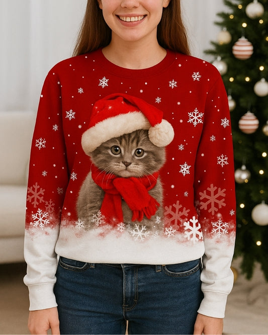 Weihnachtspullover Damen – Pullover mit Katzenmotiv für Weihnachten und Winter
