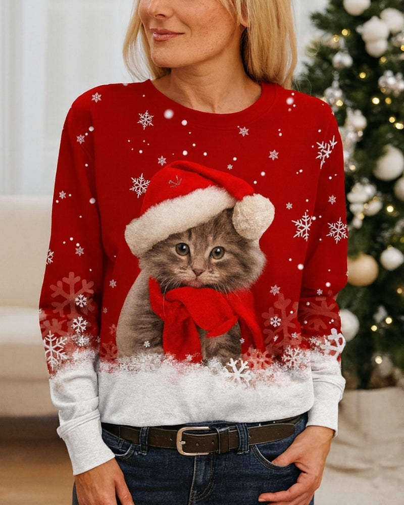 Weihnachtspullover Damen – Pullover mit Katzenmotiv für Weihnachten und Winter