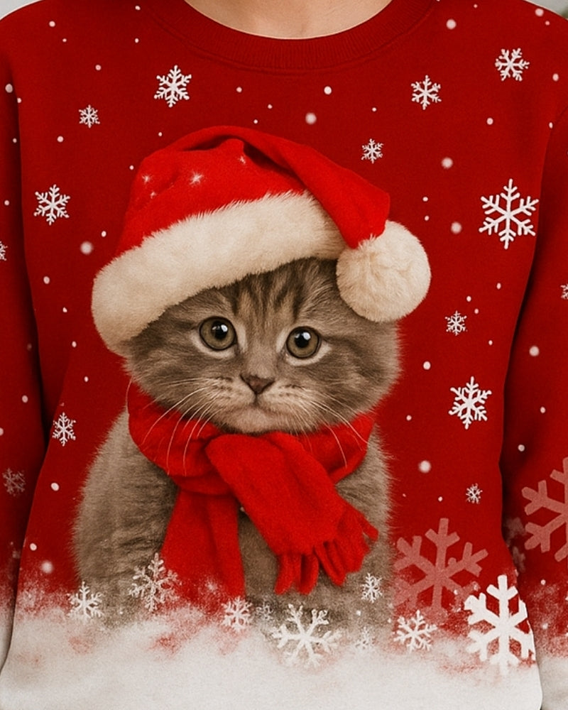 Weihnachtspullover Damen – Pullover mit Katzenmotiv für Weihnachten und Winter